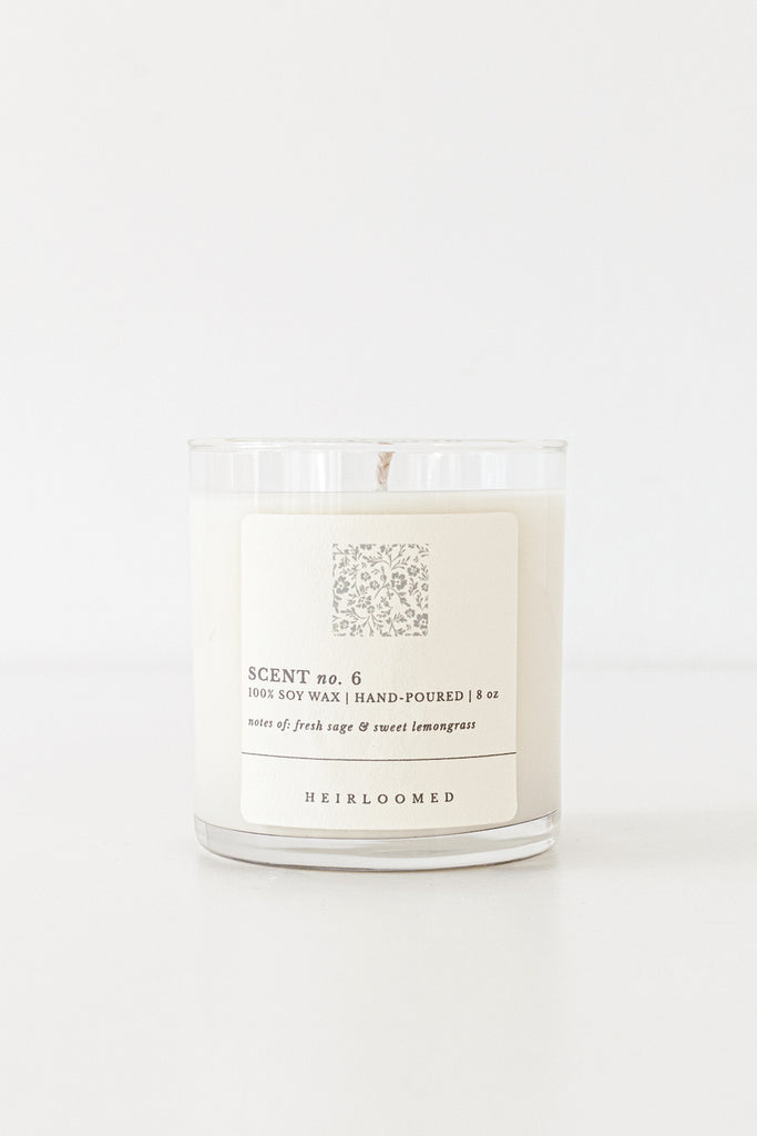 hand poured soy candle in sage and lemongrass scent
