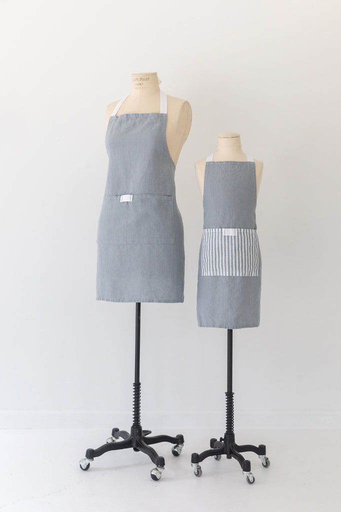matching child and Adult Bistro Linen Apron in Light Blue