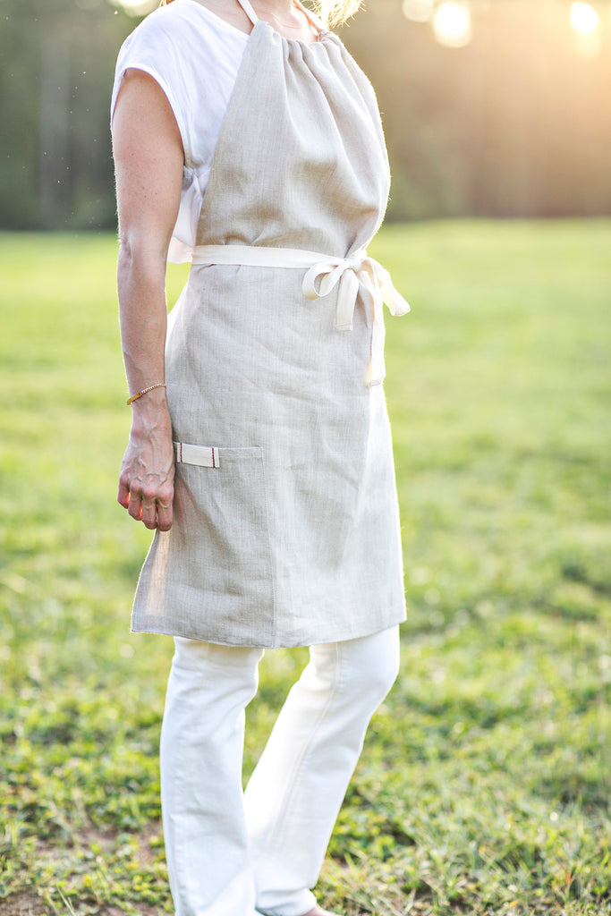 adult halter linen apron in oatmeal
