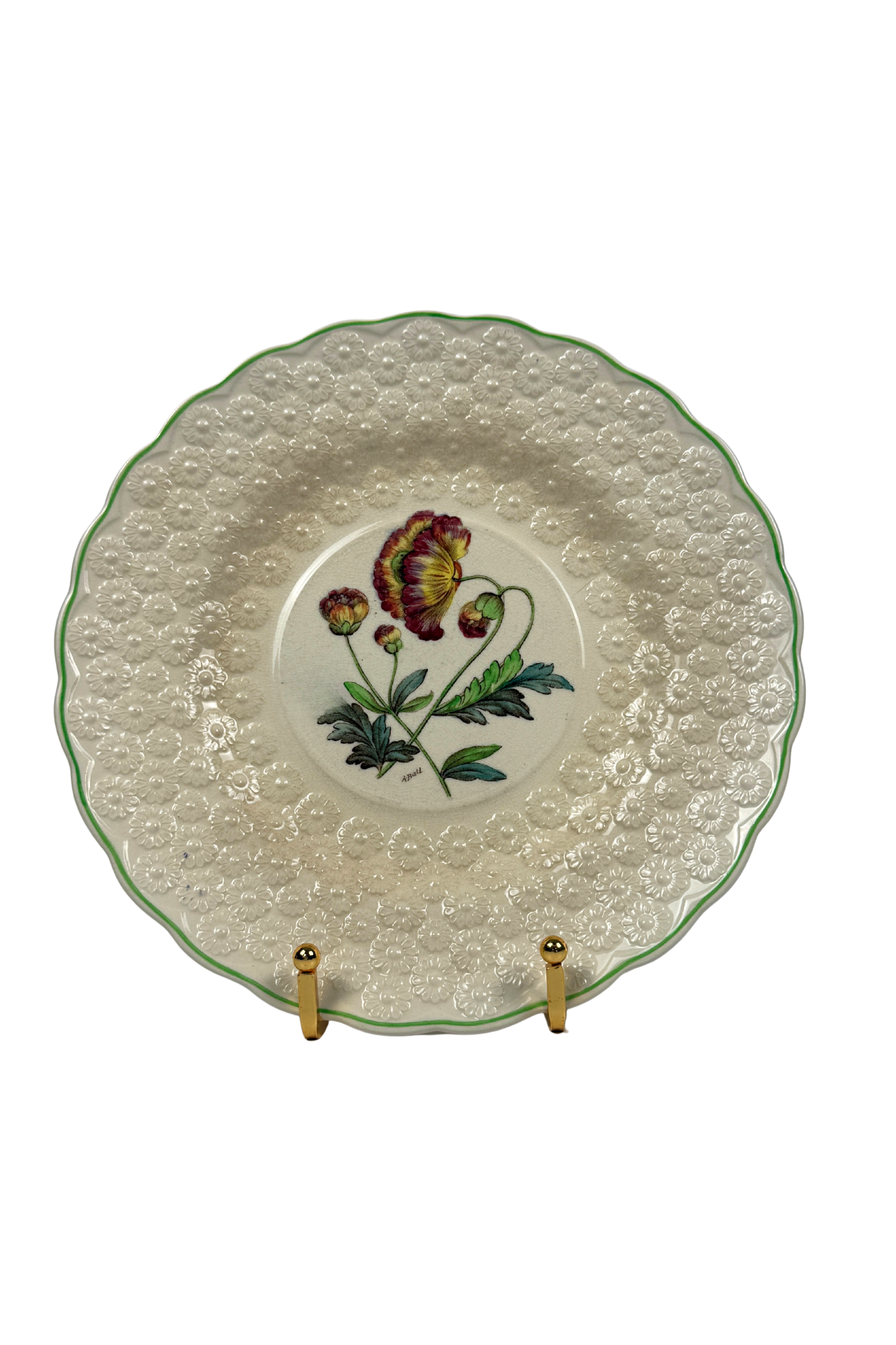 Vintage Copeland Spode Botanical Plates with Green Edge, Set of 3