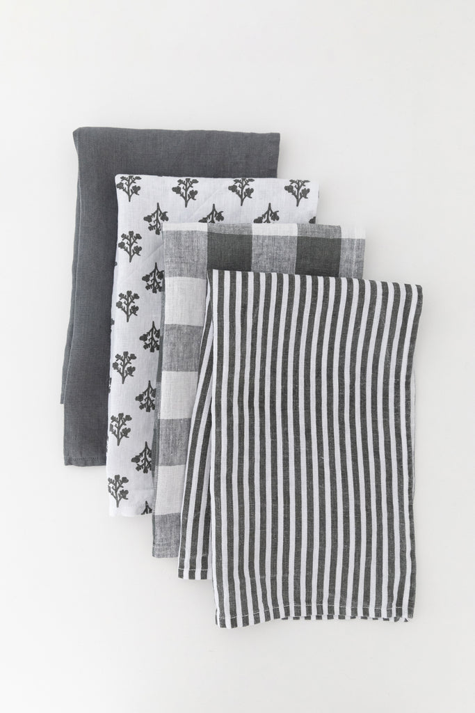 Linen Tea Towel in Pewter with patterns and designs
