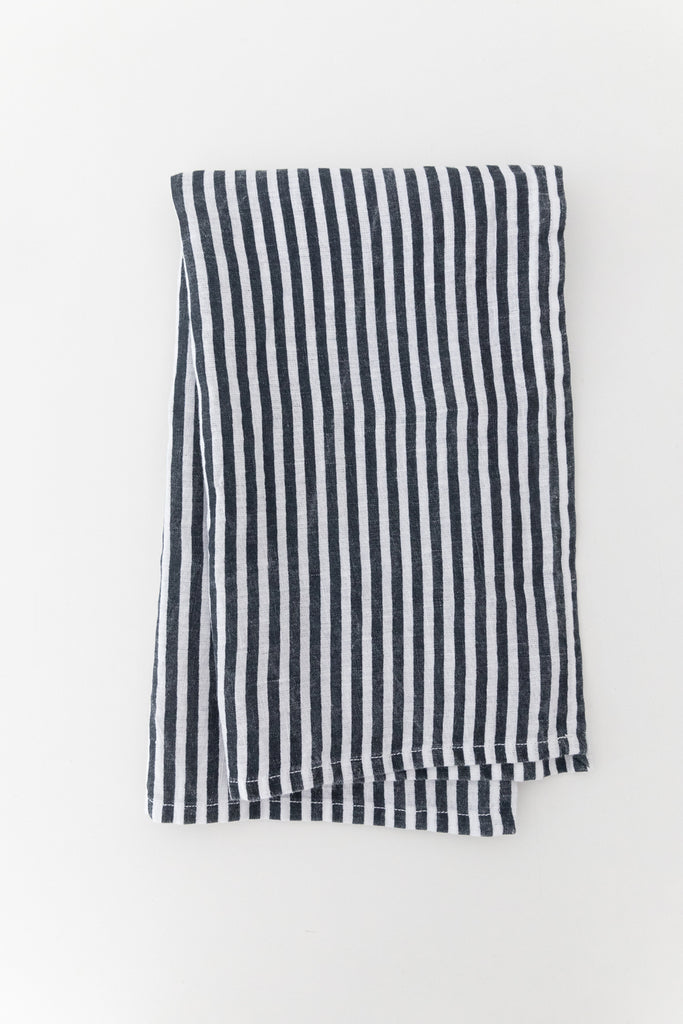 Linen tea towel in navy stripe