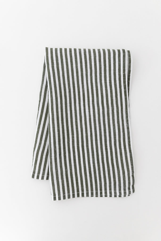 Linen Tea Towel in Olive Awning Stripe